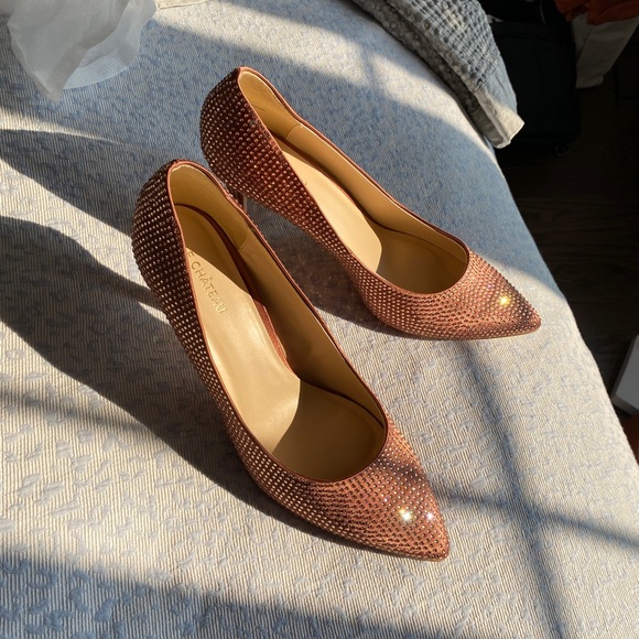 le chateau Shoes - Brand New Rose gold satin rhinestone heels